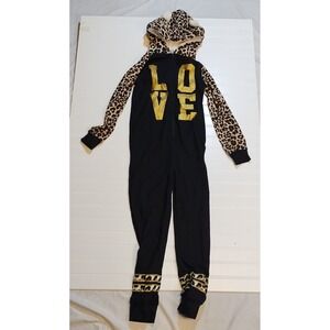 Delias Girl Kids 10 12 Black Leopard Print Love Sherpa Hooded One Piece Pajamas